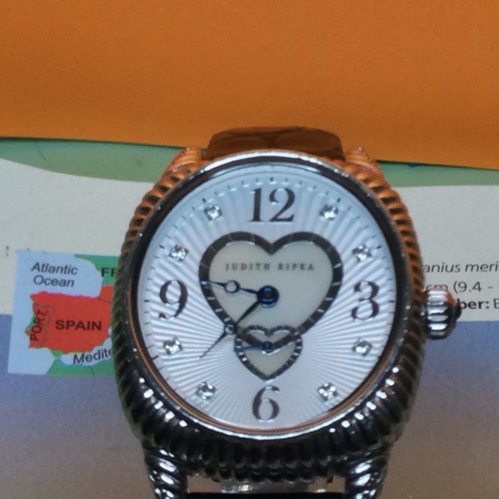 JUDITH RIPKA STERLING CASE MOP DOUBLE HEART WATCH